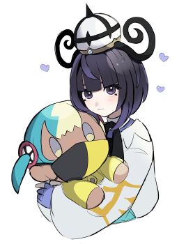 1girl absurdres black_hair blunt_bangs bob_cut canari_plush_(pokemon) character_doll closed_mouth coat doll gloves gradient_hair gwynn_(pokemon) hat heart highres holding holding_doll light_smile long_sleeves looking_at_viewer multicolored_hair nintendo partially_fingerless_gloves pokemon pokemon_legends:_z-a purple_eyes purple_hair solo tsuki0425 upper_body white_background white_coat