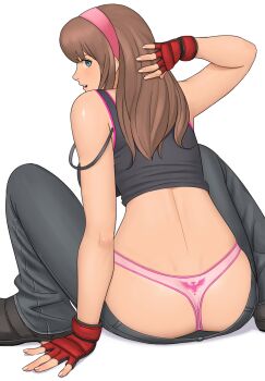 Rule 34 | 1girl, arm support, arm up, ass, bare shoulders, blue eyes, breasts, dead or alive, dead or alive 3, denim, downpants, female focus, fingerless gloves, fingernails, from behind, gloves, hairband, highres, hitomi (doa), jeans, light brown hair, lips, looking at viewer, medium breasts, midriff, open mouth, panties, pants, pink panties, shigenobu, shiny skin, simple background, sleeveless, smile, solo, thong, underwear, whale tail (clothing), white background