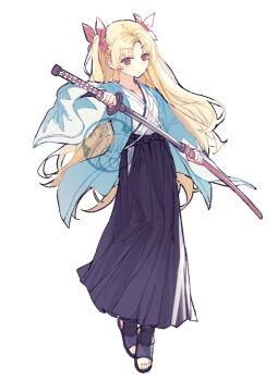 1girl black_bow black_hakama blonde_hair bow character_watermark closed_mouth ereshkigal_(fate) expressionless fate/grand_order fate_(series) full_body hair_ornament hakama hakama_skirt haori hashtag-only_commentary himitsu_onigiri holding holding_sword holding_weapon japanese_clothes kimono long_skirt long_sleeves looking_at_viewer nagao_kagetora_(fate) red_eyes sheath skirt solo sword twintails unsheathing waist_bow weapon white_kimono wide_sleeves