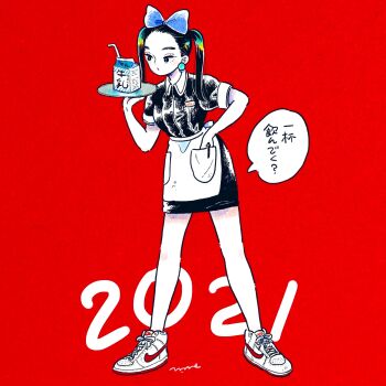 1girl 2021 apron black_dress black_eyes black_hair blue_bow bow collared_dress colored_skin commentary dress earrings emamemamo33 full_body hair_bow hair_pulled_back hand_on_own_hip highres holding holding_tray iridescent_hair jewelry long_hair milk milk_carton name_tag nike_(company) original pen red_background shoes short_dress short_sleeves signature simple_background sneakers solo speech_bubble sphere_earrings standing translated tray twintails waist_apron waitress white_apron white_skin