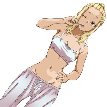 Rule 34 | 1girl, blonde hair, bra, breasts, brown eyes, brushing teeth, cleavage, collarbone, commentary request, cowboy shot, dutch angle, groin, hand on own hip, holding, holding toothbrush, ichinose karina, manemane nichinichi, medium breasts, medium hair, navel, one eye closed, open mouth, ruri (ruri ), simple background, solo, standing, toothbrush, underwear, white background, white bra