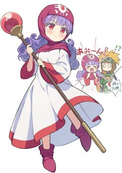 Rule 34 | > <, 1boy, 1girl, blonde hair, blush, blush stickers, boots, brown helmet, closed eyes, closed mouth, commentary request, dragon quest, dragon quest ii, dress, full body, green tabard, helmet, highres, hiyaya (kochi michikaze), holding, holding staff, long hair, long sleeves, looking at viewer, no mouth, o o, open mouth, prince of samantoria, princess of moonbrook, purple hair, red boots, red eyes, serious, short hair, simple background, staff, standing, standing on one leg, tabard, translation request, white background, white dress, wide sleeves