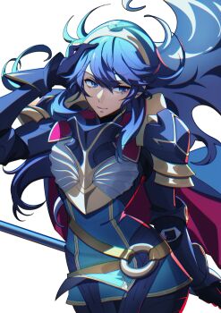 1girl absurdres armor bikini_boody blue_eyes blue_gloves blue_hair breastplate commentary english_commentary fire_emblem fire_emblem_awakening fire_emblem_heroes floating_hair gloves highres holding holding_polearm holding_weapon long_hair lucina_(brave_princess)_(fire_emblem) lucina_(fire_emblem) nintendo official_alternate_costume pauldrons polearm shoulder_armor simple_background smile solo spear tiara weapon white_background