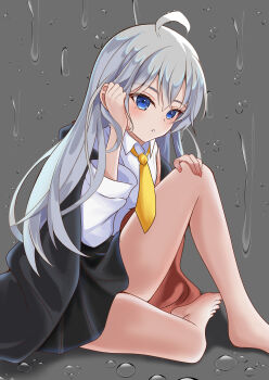 1girl absurdres ahoge barefoot black_robe blue_eyes blush collared_shirt commentary_request elaina_(majo_no_tabitabi) full_body grey_hair gurin_(cakx8782) hair_between_eyes highres long_hair long_sleeves looking_at_viewer majo_no_tabitabi necktie rain robe shirt sitting white_shirt witch yellow_necktie