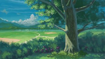 Rule 34 | absurdres, blue sky, cloud, commentary request, day, field, foliage, highres, hill, landscape, mountainous horizon, no humans, original, outdoors, path, rabo drawing, road, scenery, sky, summer, tree
