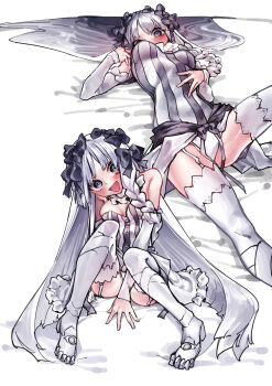 1girl absurdres bare_shoulders black_bow black_eyes blush bow braid breasts collar detached_sleeves dress fate/strange_fake fate_(series) francesca_prelati_(fate) frilled_collar frills garter_straps grey_hair hair_bow high_heels highres long_hair looking_at_viewer lying medium_breasts multiple_views on_back open_mouth panties parted_bangs ringed_eyes sidelocks sitting smile striped_clothes striped_dress thighhighs thighs underwear very_long_hair vivo_(vivo_sun_0222) white_dress white_panties white_thighhighs