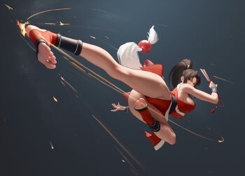 1girl arm_up armpits ass black_gloves breasts bridal_gauntlets brown_hair commentary_request curtained_hair curvy eyelashes fatal_fury feet fighting full_body gloves high_ponytail highres incoming_kick kicking kicking_legs large_breasts long_hair makeup motoyui parted_bangs pelvic_curtain ponytail red_eyes revealing_clothes shiranui_mai simple_background solo stirrup_legwear street_fighter street_fighter_6 the_king_of_fighters thick_thighs thighs toeless_legwear toned toned_female wide_hips