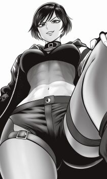 Rule 34 | 1girl, breasts, female focus, grin, hand on own knee, jacket, lips, looking at viewer, looking down, midriff, monochrome, mostlybluewyatt, namco, navel, open clothes, open jacket, reina (tekken), short hair, short shorts, shorts, smile, solo, source request, teeth, tekken, tekken 8, thigh strap, thighs