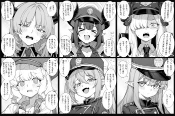 Rule 34 | > <, 6+girls, @ @, aoba (blue archive), black border, blue archive, blush, border, chiaki (blue archive), commentary request, demon horns, fang, greyscale, halo, hat, highres, hikari (blue archive), horns, looking at viewer, makoto (blue archive), monochrome, multiple girls, nozomi (blue archive), pandemonium society (blue archive), peaked cap, pointy ears, satsuki (blue archive), siblings, sisters, skin fang, smile, speech bubble, sweatdrop, translation request, twins, upper body, zhong zi sheliu