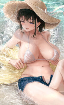 1girl absurdres areola_slip armpit_peek aruhi_(pyxk7325) beach bikini black_hair blue_shorts blush bow breasts collarbone commentary_request cowboy_shot cutoffs denim denim_shorts female_pubic_hair grey_eyes hat hat_bow hat_ribbon highres in_water large_breasts long_sleeves looking_at_viewer medium_hair micro_bikini micro_shorts navel nipples ocean open_clothes open_fly open_mouth open_shirt open_shorts original pubic_hair pubic_hair_peek reclining ribbon sagging_breasts see-through_bikini see-through_clothes shirt shorts smile solo sparkle splashing stomach straw_hat string_bikini swimsuit torn_clothes torn_shorts unbuttoned unworn_shirt unzipped water water_drop wet wet_bikini wet_clothes wet_hair wet_shirt wet_shorts white_bikini white_bow white_ribbon yellow_shirt