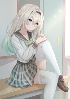 1girl absurdres black_hairband blush bow bowtie brown_shoes closed_mouth collared_shirt firefly_(honkai:_star_rail) firefly_(spring_missive)_(honkai:_star_rail) gradient_eyes gradient_hair green_bow green_bowtie green_pupils grey_hair grey_skirt hair_between_eyes hair_intakes hair_ornament hairband highres hivern honkai:_star_rail honkai_(series) leg_up long_sleeves multicolored_eyes multicolored_hair plaid_bow plaid_bowtie plaid_clothes pleated_skirt school_uniform shirt shoes sitting sitting_on_table skirt smile solo thighhighs white_shirt white_sleeves white_thighhighs whiteboard
