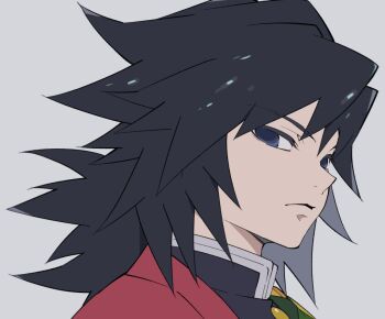 1boy black_eyes black_hair black_jacket closed_mouth demon_slayer_uniform dodekai_crape gold_buttons grey_background hair_between_eyes haori jacket japanese_clothes kimetsu_no_yaiba light_frown long_hair looking_at_viewer male_focus print_haori red_haori solo tomioka_giyuu upper_body