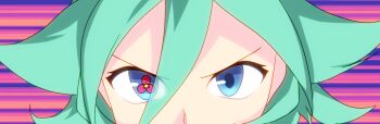 Rule 34 | 1girl, 9rimson, blue eyes, close-up, commentary request, double-parted bangs, flipped hair, green hair, hair between eyes, looking at viewer, mismatched pupils, mouth out of frame, neru (9rimson), original, serious, short hair, solo, symbol-shaped pupils, v-shaped eyebrows
