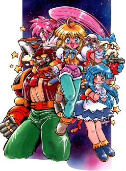 2boys 3girls ahoge animal animal_hands animal_on_shoulder apron armor artist_name back_bow belt blonde_hair blue_boots blue_dress blue_eyes blue_hair blue_pantyhose boots bow brown_boots brown_jacket caesar_kanagusuku celia_hasselberg claws closed_mouth colored_sclera commentary_request crime_crackers dog_boy dress earrings facial_hair facial_mark fang fingerless_gloves gloves green_eyes green_pants gun hands_up helmet high_ponytail highres holding holding_gun holding_weapon jacket jan-michael_hasselberg jewelry kokomahi long_hair looking_at_viewer looking_back medium_hair monkey multiple_boys multiple_girls murdoch_hoover mustache official_art old old_man open_clothes open_jacket open_mouth orange_belt orange_shirt pants pantyhose pink_hair pink_shorts pointy_ears ponytail red_bow red_eyes sash shirt short_sleeves shorts shoulder_armor smile smoking_pipe space star_(sky) star_(symbol) waist_apron weapon wendy_wilkinson white_apron white_gloves white_hair white_jacket white_shirt yellow_sclera