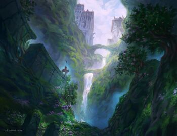 building bush carving cloud cloudy_sky flower grass highres horse horseback_riding jjcanvas knight landscape leaf moss original painterly pillar pink_flower plant riding rock scenery sky tree valley vines watermark web_address