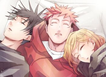1girl 2boys black_hair black_hoodie black_shirt brown_hair closed_eyes commentary_request drooling fushiguro_megumi hair_behind_ear hood hood_down hoodie itadori_yuuji jujutsu_kaisen kugisaki_nobara lying multiple_boys on_back on_side open_mouth parted_lips pillow pink_hair red_hoodie shirt short_hair sin_3794 sleeping spiked_hair upper_body