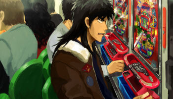 5boys black_eyes black_hair blue_shirt bomber_jacket brown_hair brown_jacket chair cigarette commentary_request gambling grey_shirt highres inamoyo indoors itou_kaiji jacket kaiji long_hair long_sleeves male_focus multiple_boys open_clothes open_jacket open_mouth pachinko pachinko_ball shirt short_hair sitting slot_machine smoke smoking solo_focus upper_body