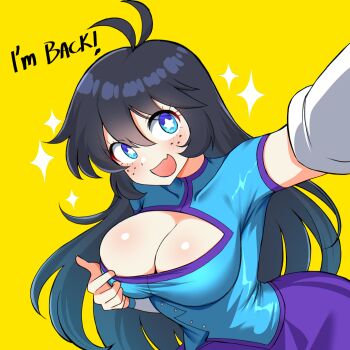 1girl :d absurdres arm_out_of_frame black_hair blue_eyes blue_shirt blush breasts bright_pupils choppy_bangs cleavage cleavage_cutout clothes_pull clothing_cutout commentary english_commentary english_text fang freckles gloves gradient_hair hair_between_eyes highres jarckius large_breasts long_hair looking_at_viewer multicolored_hair open_mouth original shirt shirt_pull short_sleeves simple_background skin_fang smile solo sparkle star-shaped_pupils star_(symbol) symbol-shaped_pupils upper_body white_gloves white_pupils yellow_background yukihana_(jarckius)