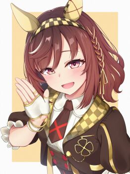 Rule 34 | 1girl, absurdres, blush, border, braid, brown hair, brown necktie, buena vista (heroina inocente) (umamusume), buena vista (umamusume), commentary, commentary request, ear covers, english commentary, fingerless gloves, gloves, grey border, hairband, highres, horse, horse girl, kirino mist, looking at viewer, necktie, open mouth, orange background, pink eyes, single braid, smile, solo, umamusume, upper body, white gloves