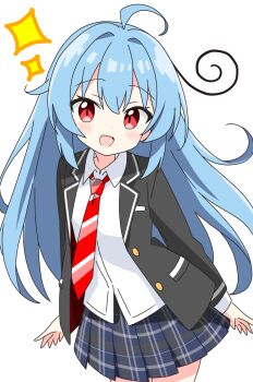 1girl :d ahoge black_jacket blazer blue_hair blue_skirt blush collared_shirt commentary_request cowboy_shot dot_nose hair_intakes highres jacket kotatsu-mazoku long_hair long_sleeves looking_at_viewer miniskirt necktie open_clothes open_jacket open_mouth original plaid_clothes plaid_skirt pleated_skirt red_eyes red_necktie school_uniform shirt simple_background skirt smile solo sparkle striped_clothes striped_necktie white_background white_shirt