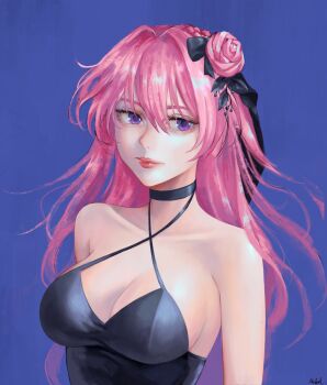 1girl absurdres bare_shoulders black_dress black_ribbon braid breasts cleavage closed_mouth collarbone dorothy_(nikke) dorothy_(nostalgia)_(nikke) dress goddess_of_victory:_nikke hair_bun hair_ribbon halter_dress halterneck highres lips long_hair looking_to_the_side medel_234 medium_breasts nose official_alternate_costume pink_hair purple_background purple_eyes ribbon simple_background solo