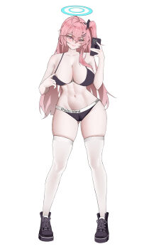 1girl absurdres ahoge ambriel_(arknights) arknights black_boots black_bra black_panties blue_halo boots bra breasts cameltoe cleavage closed_mouth collarbone commentary_request double-parted_bangs full_body hair_ornament hairclip halo hand_up highres holding holding_phone large_breasts long_hair looking_at_viewer navel one_side_up panties phone pink_eyes pink_hair simple_background smile solo thighhighs thighs underwear very_long_hair white_background white_thighhighs wide_hips yat_(tsmn7245)
