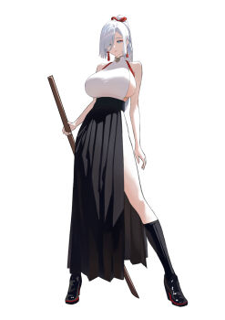 Rule 34 | 1girl, alternate costume, alternate hairstyle, bare shoulders, black boots, boots, breasts, commentary request, earrings, eyeliner, full body, genshin impact, grey eyes, grey hair, hair over one eye, hair ribbon, hair up, hakama, hakama skirt, high ponytail, highres, holding, holding weapon, japanese clothes, jewelry, large breasts, long bangs, makeup, parted lips, ponytail, red eyeliner, red rope, ribbon, rope, shenhe (genshin impact), shirt, sideboob, simple background, skirt, sleeveless, sleeveless shirt, solo, standing, tassel, tassel earrings, weapon, white background, yumeto (ym-1)