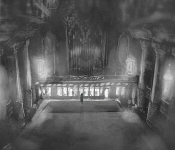 Rule 34 | 1other, black coat, coat, column, curtains, full body, greyscale, mini person, monochrome, original, outdoors, pillar, railing, rug, scenery, signature, solo, standing, zandra