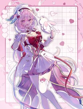 1girl beret border breasts commentary_request diamond-shaped_pupils diamond_(shape) dress elf elysia_(hi_love_elf)_(honkai_impact) elysia_(honkai_impact) grid_background hat highres honkai_(series) honkai_impact_3rd large_breasts little_messenger_(honkai_impact) long_hair looking_at_viewer multicolored_hair pink_border pink_hair pino_(pino2452) pointy_ears purple_eyes red_dress solo symbol-shaped_pupils thighhighs thighs two-tone_dress two-tone_hair very_long_hair white_dress white_hair white_thighhighs