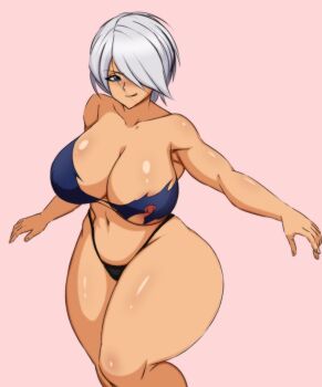1girl angel_(kof) ass blue_eyes breasts breasts_out darwa_arts darwaarts female_focus huge_ass huge_breasts large_breasts licking licking_lips nipple_slip nipples panties short_hair smile standing the_king_of_fighters thick_thighs thighs tongue tongue_out torn_clothes underwear white_hair wide_hips