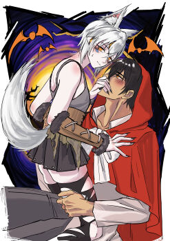 1girl absurdres animal_ears bare_shoulders big_bad_wolf big_bad_wolf_(cosplay) black_hair black_nails blush cloak corset cosplay couple covering_another&#039;s_mouth elsword eve_(elsword) girl_on_top halloween highres hood little_red_riding_hood_(fairy_tale_character) little_red_riding_hood_(fairy_tale_character)_(cosplay) looking_at_viewer rachel_c. raven_cronwell red_cloak short_hair skirt tail white_hair wolf wolf_ears wolf_tail yellow_eyes