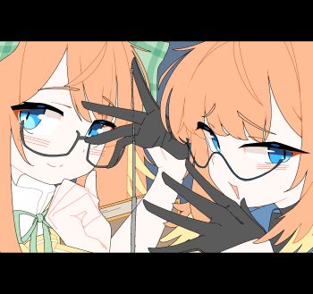 2girls animated animated_gif black-framed_eyewear black_gloves blue-framed_eyewear blue_archive blue_eyes blush bow dthmns dual_persona glasses gloves green_bow hair_bow half_gloves highres long_hair looking_at_viewer multiple_girls official_alternate_costume open_mouth orange_hair plaid_bow pointer semi-rimless_eyewear shimiko_(blue_archive) shimiko_(magical)_(blue_archive) smile under-rim_eyewear