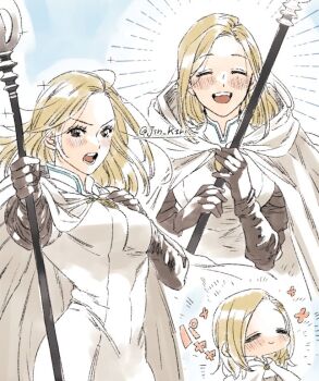 1girl :> =_= black_eyes blonde_hair blush cape closed_mouth commentary_request eyelashes holding holding_staff jin_k1ri multiple_views octopath_traveler octopath_traveler_i open_mouth ophilia_clement robe smile sparkle staff v-shaped_eyebrows white_cape white_robe