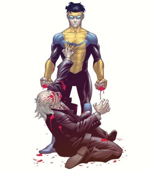 Rule 34 | 2boys, black hair, black suit, blood, blue bodysuit, bodysuit, cecil stedman, commentary, covered abs, english commentary, formal clothes, full mask, gloves, grey hair, highres, injury, invincible (character), invincible (series), male focus, mark grayson, mature male, multicolored bodysuit, multiple boys, official artist extra, ryan ottley, short hair, spandex, suit, superhero costume, two-tone bodysuit, wrinkled skin, yellow bodysuit