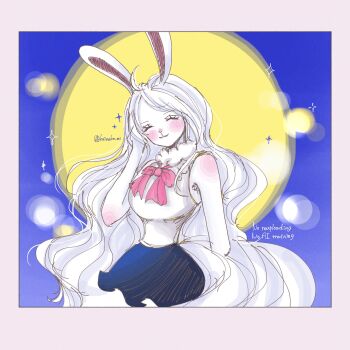 1girl ^_^ blush border carrot_(one_piece) closed_eyes commentary_request furry furry_female highres koinako_mi long_hair moon neck_ribbon night one_piece pink_border rabbit_girl ribbon shirt skirt sleeveless sleeveless_shirt solo sparkle sulong_form very_long_hair white_hair