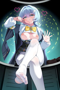 1girl absurdres arm_up arrow_hair_ornament black_dress black_jacket blue_hair blush bow bowtie breasts breasts_out closed_mouth commentary_request dress fengqun from_below hand_up highres holding i.r.i.s._(wuthering_waves) jacket loafers looking_at_viewer medium_breasts medium_hair nipples no_shoes orange_bow orange_bowtie pantyhose shoes sitting smile solo thighband_pantyhose toes unworn_shoes waving white_pantyhose wuthering_waves