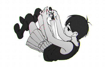 1boy antenna_hair bare_arms bare_shoulders chromatic_aberration commentary_request empty_eyes film_grain fingernails from_behind full_body greyscale hair_behind_ear hair_between_eyes hands_up high_contrast holding holding_knife imminent_suicide kitchen_knife knees_up knife lying male_focus monochrome no_mouth no_pupils omori omori_(omori) on_back pinstripe_shorts profile short_hair shorts simple_background solo suicide tank_top thighhighs toastytoast very_short_hair white_background