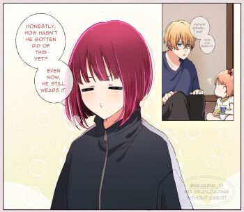 1boy 2girls ? arima_kana baby black_jacket black_pants black_shirt blush closed_eyes closed_mouth english_text highres hoshino_aquamarine jacket long_sleeves medium_hair multiple_girls oshi_no_ko pants red_hair risdelusions shirt short_hair speech_bubble track_jacket