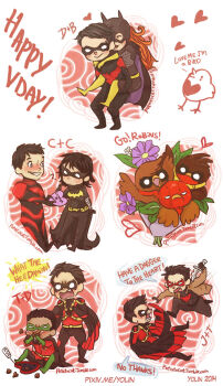 2girls barbara_gordon batgirl batman_(series) bird black_bat black_hair blue_eyes bodysuit brothers candy cape carrying cassandra_cain chibi conner_kent couple damian_wayne dark-skinned_female dark_skin dc_comics dick_grayson domino_mask eye_mask flower food happy_valentine heart hetero highres jacket jason_todd knife kon-el mask multiple_girls nightwing red_hair red_hood_(dc) red_robin robin_(dc) siblings smile superboy superman_(series) tim_drake valentine
