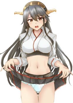 Rule 34 | 1girl, black hair, black skirt, breasts, clothes lift, commentary request, cowboy shot, cropped jacket, fd (fd sanmaru), gold hairband, hairband, hakama, hakama short skirt, hakama skirt, haruna (kancolle), haruna (race queen) (kancolle), headgear, highres, jacket, japanese clothes, kantai collection, long hair, looking at viewer, medium breasts, midriff, official alternate costume, panties, pleated skirt, race queen, skirt, skirt lift, solo, underwear, white jacket, white panties