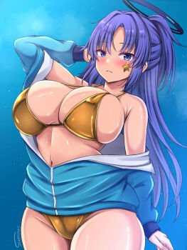 1girl arm_behind_head arm_up armpit_crease artist_name bare_shoulders bikini black_halo blue_archive blue_background blue_eyes blue_jacket blush breasts cleavage closed_mouth commentary cowboy_shot dot_nose frown gold_bikini golden_week hair_intakes half_updo halo highres huge_breasts jacket jacket_partially_removed long_hair long_sleeves looking_at_viewer mechanical_halo navel official_alternate_hairstyle parted_bangs partially_unzipped ponytail purple_hair red_pupils shiny_clothes shiny_skin sidelocks signature simple_background skindentation solo standing star_(symbol) star_sticker sticker sticker_on_face sumari swimsuit track_jacket two-sided_fabric two-sided_jacket yuuka_(blue_archive) yuuka_(track)_(blue_archive)