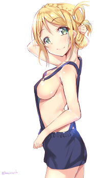Rule 34 | 1girl, 2018, absurdres, arm behind head, arm up, blonde hair, braid, breasts, character name, closed mouth, crown braid, female focus, from side, green eyes, hair rings, happy birthday, highres, kurozu, looking at viewer, love live!, love live! sunshine!!, medium breasts, naked overalls, ohara mari, overalls, shiny skin, sideboob, simple background, smile, solo, standing, twitter username, white background