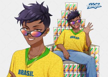 Rule 34 | 1boy, artist logo, artist name, black hair, brazil, dark-skinned male, dark skin, denim, gold collar, gradient-tinted eyewear, green trim, guaravita, highres, jewelry, logo, multiple rings, neobaka, raviel karim, ring, shirt, short hair, sitting on throne, spread legs, sunglasses, tinted eyewear, todorusy, tongue, tongue out, yellow shirt