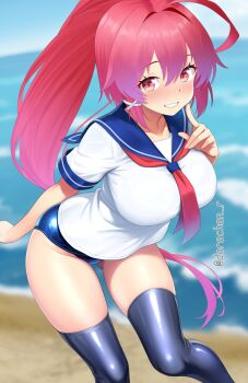 Rule 34 | 1girl, ahoge, beach, black thighhighs, blue one-piece swimsuit, blue sailor collar, blush, breasts, commentary request, dorachan r, gluteal fold, hair between eyes, hair ribbon, highres, i-168 (kancolle), kantai collection, large breasts, long hair, looking at viewer, neckerchief, one-piece swimsuit, ponytail, red eyes, red hair, red neckerchief, ribbon, sailor collar, school swimsuit, school uniform, serafuku, shirt, short sleeves, smile, solo, swimsuit, swimsuit under clothes, thighhighs, twitter username, white shirt