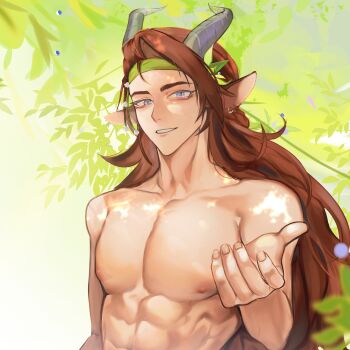 1boy androgynous animal_ears blue_eyes brown_hair castor_the_satyr_(phasmid_asmr) commentary commission earrings english_commentary foliage goat_ears goat_horns green_headband headband highres horns jewelry large_pectorals long_hair male_focus muscular muscular_male nipples nude original parted_lips pectorals reaching reaching_towards_viewer sae_illust satyr smile solo upper_body