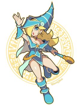 Rule 34 | 1girl, aqua boots, bare shoulders, blonde hair, blue boots, blue dress, blue eyes, blue hat, blush, boots, breasts, brooch, commentary, cornflowerblue, cosplay, dark magician girl, dark magician girl (cosplay), dress, earrings, english commentary, gem, gold necklace, hair over one eye, hat, highres, holding, holding wand, jewelry, long hair, looking at viewer, magic circle, mario (series), necklace, nintendo, off-shoulder dress, off shoulder, pelvic curtain, pentacle, pentagram, phrygian helmet, red gem, rosalina, showgirl skirt, simple background, spellbinding circle, star (symbol), star brooch, star earrings, super mario galaxy, wand, wizard hat, yu-gi-oh!