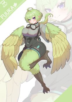 1girl absurdres ahoge belt bird_legs black_skirt blush breasts commentary_request feathered_wings feathers full_body goggles goggles_around_neck green_feathers green_hair grey_shirt hair_between_eyes hair_intakes harpy head_tilt highres large_breasts long_hair looking_at_viewer low_ponytail monster_girl nekomikan original pocket pointy_ears ponytail purple_eyes shirt skirt smile solo split_mouth talons thick_thighs thighs tsurime white_background winged_arms wings yellow_feathers yellow_wings zoom_layer