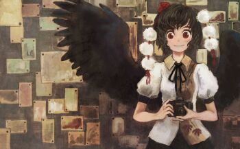 Rule 34 | 1girl, bird wings, black ribbon, black skirt, black wings, camera, collared shirt, commentary, feathered wings, grin, haruaki (onkai planaria), hat, looking at viewer, multicolored shirt, neck ribbon, photo (object), pom pom (clothes), puffy short sleeves, puffy sleeves, red eyes, red hat, ribbon, shameimaru aya, shirt, short hair, short sleeves, skirt, smile, solo, tokin hat, touhou, white shirt, wings