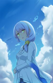 1girl blush dress fish grey_hair hair_ornament hairband highres holding_own_arm izumi_(under_night_in-birth) long_hair looking_at_viewer open_mouth outdoors side_ponytail sky solo soukitsu under_night_in-birth white_dress yellow_eyes yellow_hairband