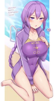 1girl alternate_breast_size barefoot blush braid braided_ponytail breasts covered_navel dated full_body groin hair_between_eyes happy_birthday highres jacket large_breasts long_hair looking_at_viewer melty_blood one-piece_swimsuit open_mouth pool poolside purple_eyes purple_hair purple_jacket purple_one-piece_swimsuit sion_eltnam_(type-moon) sion_eltnam_atlasia sitting solo soukitsu spoken_blush sweatdrop swimsuit toes tsukihime very_long_hair wariza
